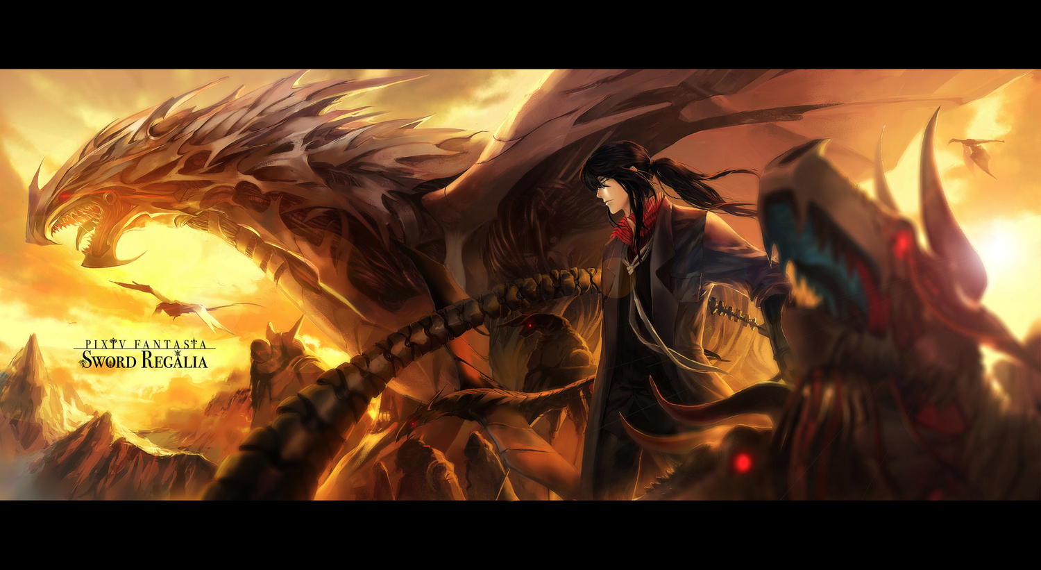 all_male, black_hair, clouds, dragon, horns, kzcjimmy, male, original