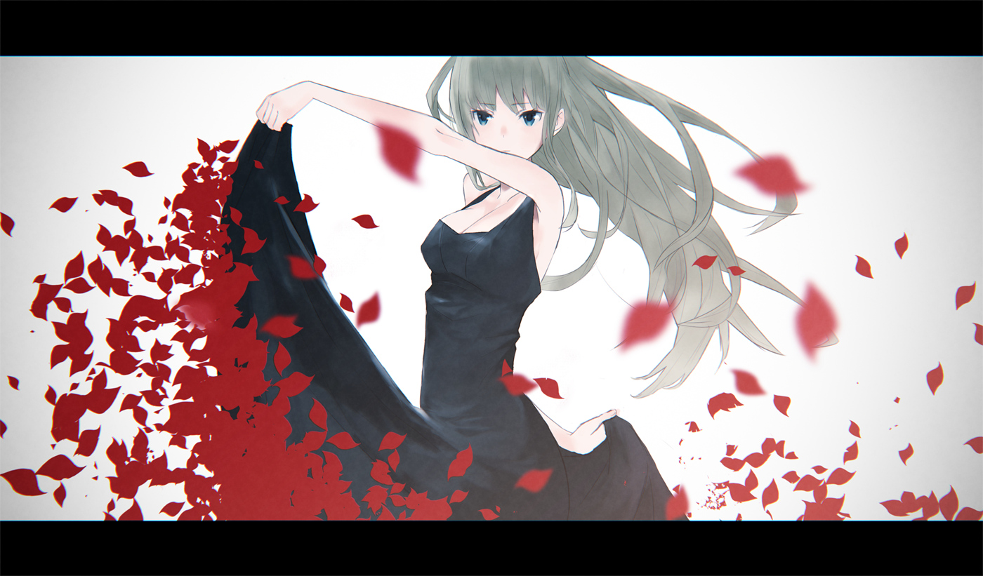 aqua_hair, blue_eyes, dress, long_hair, original, petals, rikkukku