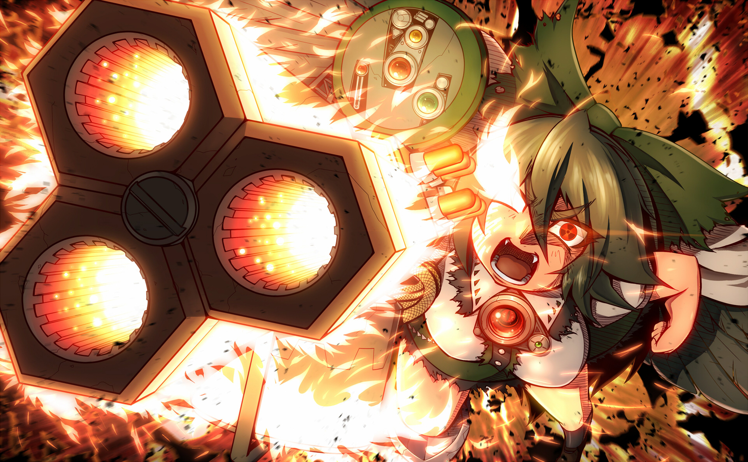 black_hair, bow, breasts, fang, fire, long_hair, red_eyes, reiuji_utsuho, tora_(trampjing), touhou, weapon, wings