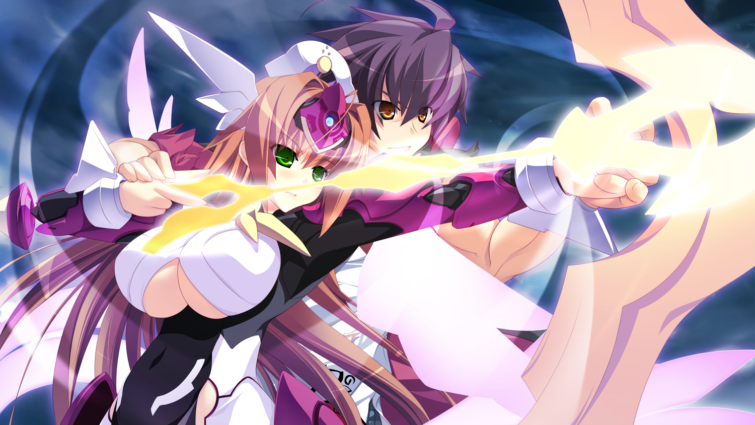 bow_(weapon), game_cg, green_eyes, hazama_touya, kouyoku_no_soleil_-vii’s_world-, male, rinasoel_alruna, skyfish