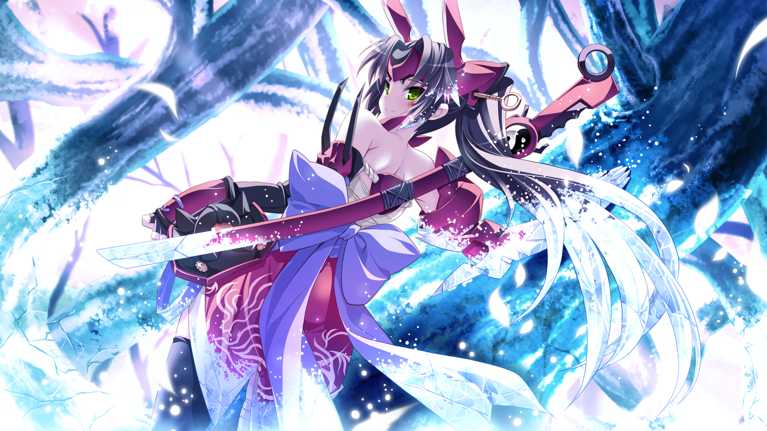 game_cg, green_eyes, kouyoku_no_soleil_-vii’s_world-, skyfish, tamaru_makoto, tree, weapon, yatohime
