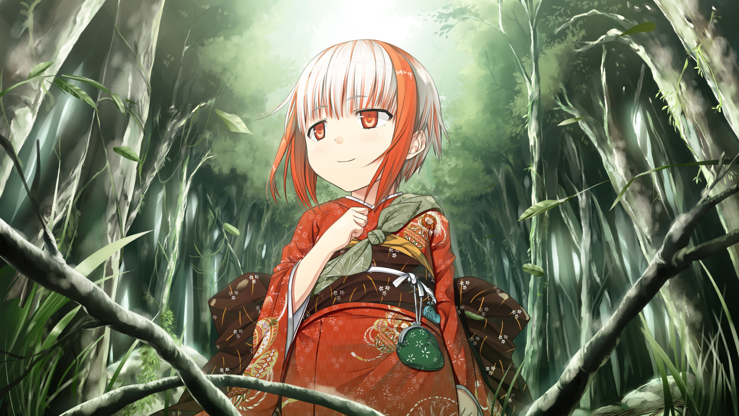 blush, cura, flat_chest, forest, game_cg, japanese_clothes, kimono, loli