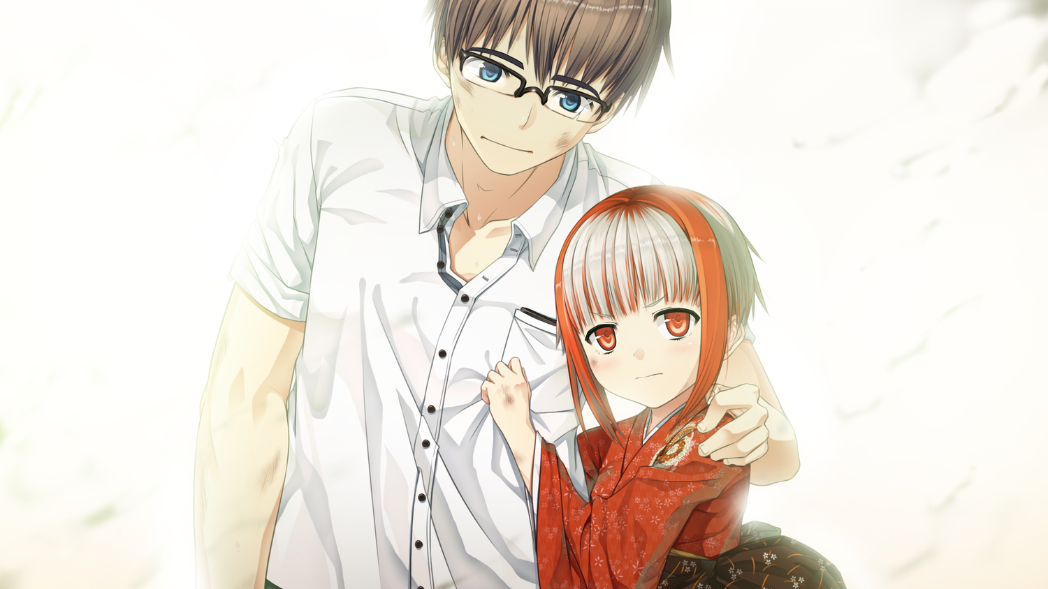 blue_eyes, blush, brown_hair, cura, flat_chest, game_cg, glasses, japanese_clothes