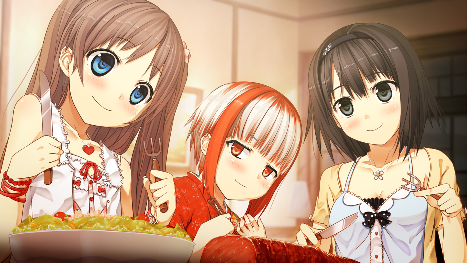 arishima_alice, black_hair, blue_eyes, blush, bow, breasts, brown_hair, cleavage