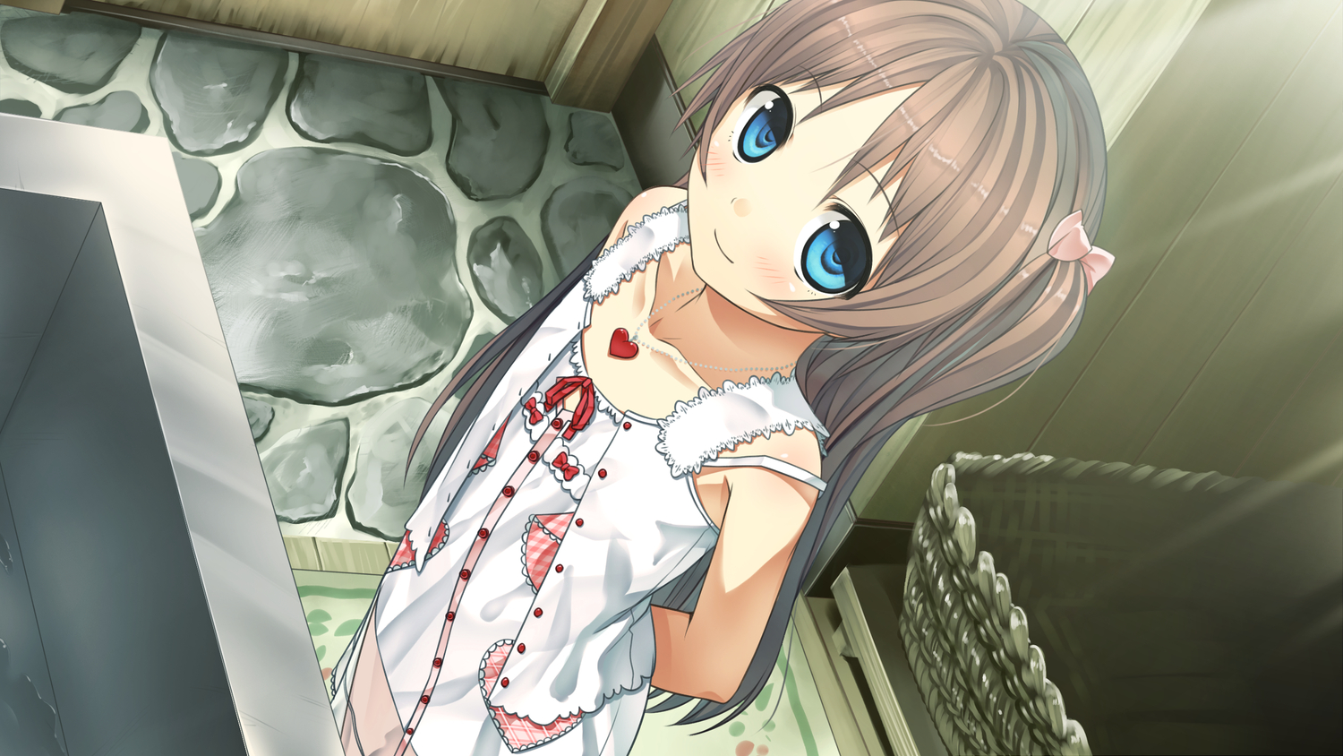 bath, blue_eyes, blush, bow, brown_hair, cura, dress, flat_chest