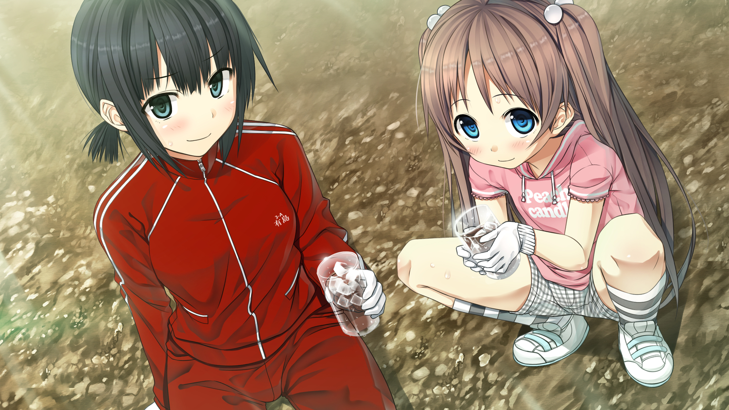 2girls, arishima_alice, black_hair, blue_eyes, blush, brown_hair, cura, drink