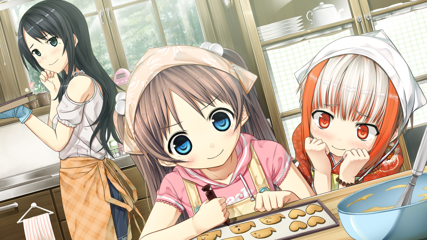 apron, arishima_nahoko, black_hair, blue_eyes, blush, brown_hair, cura, flat_chest, food, game_cg, hat, japanese_clothes, kimono, loli, long_hair, lose, monobeno, red_eyes, red_hair, sawai_natsuha, short_hair, sumi_(monobeno), twintails, white_hair