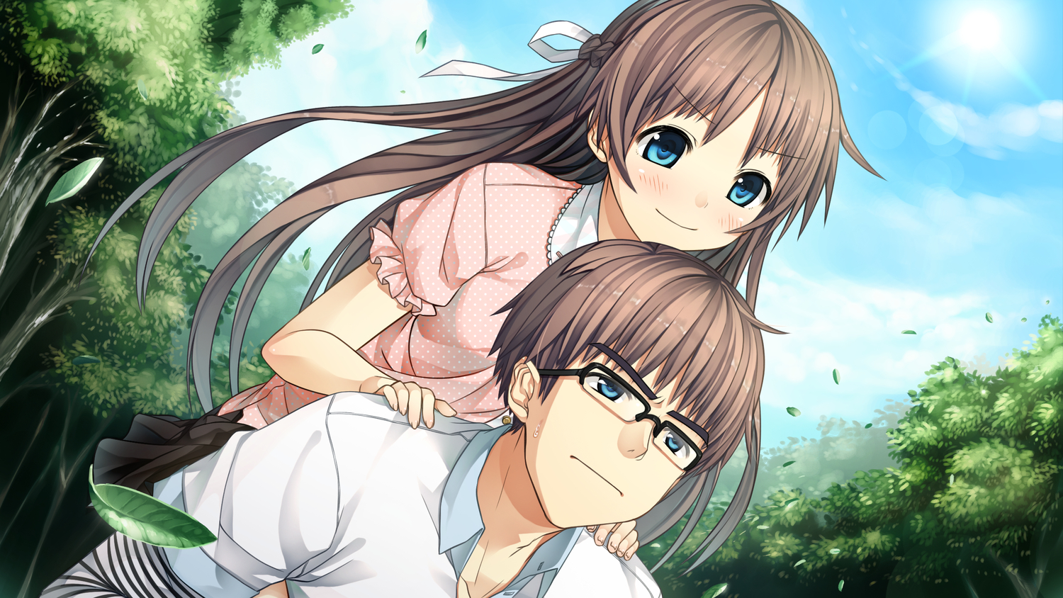 blue_eyes, braids, brown_hair, clouds, cura, forest, game_cg, glasses