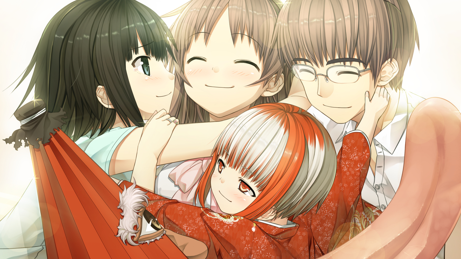 arishima_alice, black_hair, blue_eyes, blush, brown_hair, cura, game_cg, glasses, group, hishakaku, japanese_clothes, kimono, loli, long_hair, lose, monobeno, red_eyes, red_hair, sawai_natsuha, sawai_tooru, shirt, short_hair, sumi_(monobeno), tears, umbrella, white_hair