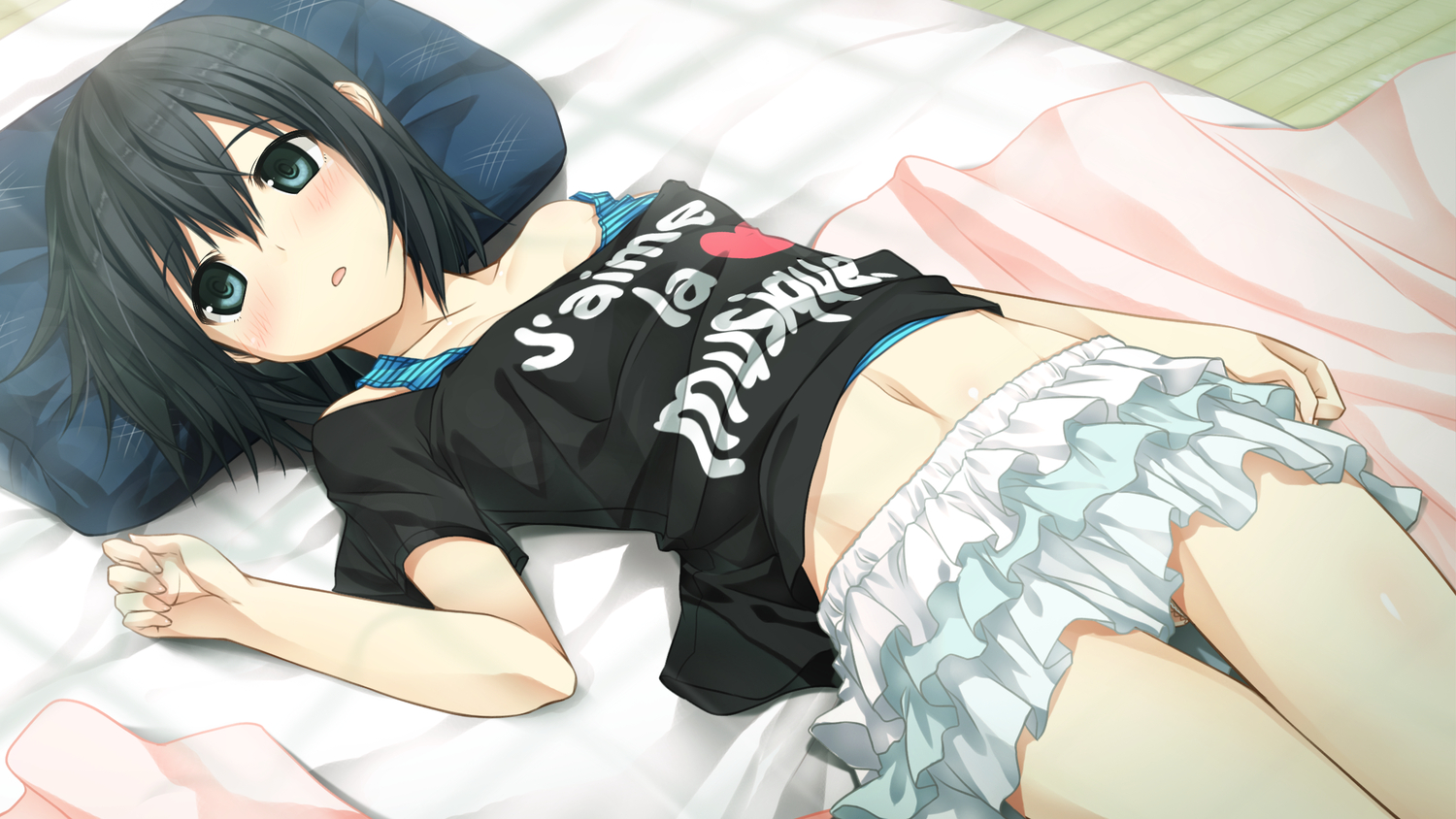 arishima_alice, bed, black_eyes, black_hair, blush, cura, game_cg, lose, monobeno, navel, short_hair, skirt