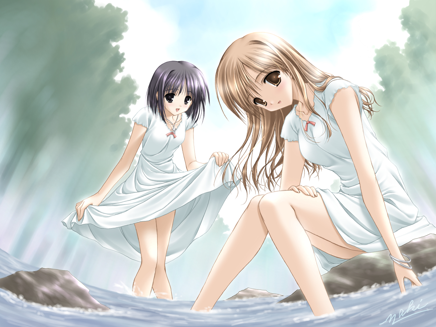 2girls, brown_eyes, brown_hair, clouds, dress, forest, gray_eyes, long_hair, maria-sama_ga_miteru, nijou_noriko, purple_hair, sakaki_maki, short_hair, sky, toudou_shimako, tree, water