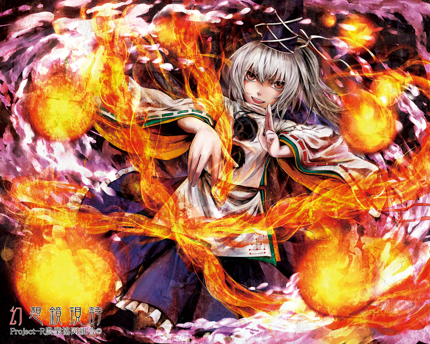 brown_eyes, fire, gray_hair, hat, japanese_clothes, kazabana_kazabana, mononobe_no_futo, petals