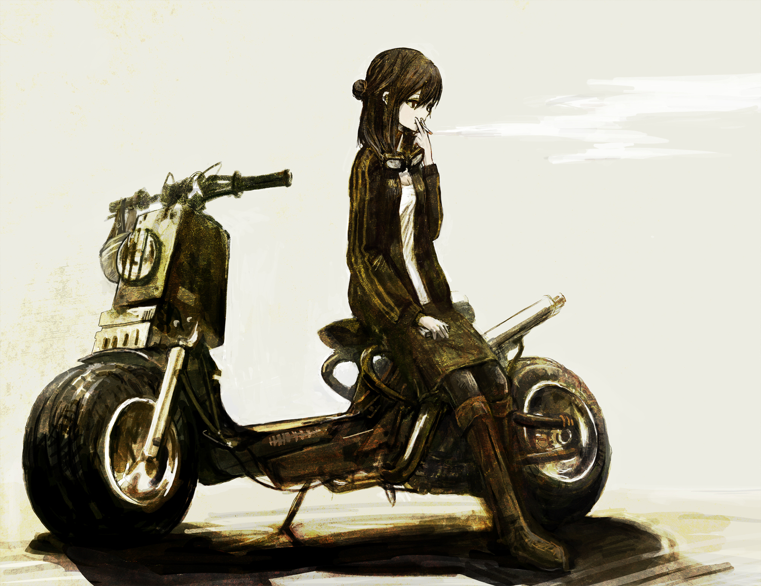 black_eyes, black_hair, cigarette, goggles, long_hair, motorcycle, original, smoking, toi_(number8)