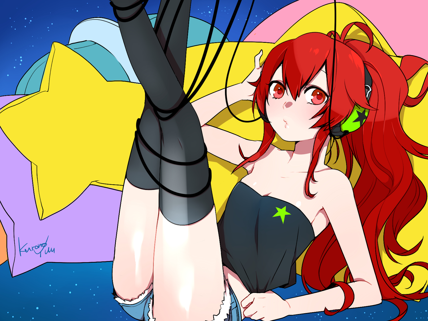 cul, headphones, kurono_yuu, long_hair, ponytail, red_eyes, red_hair, shorts