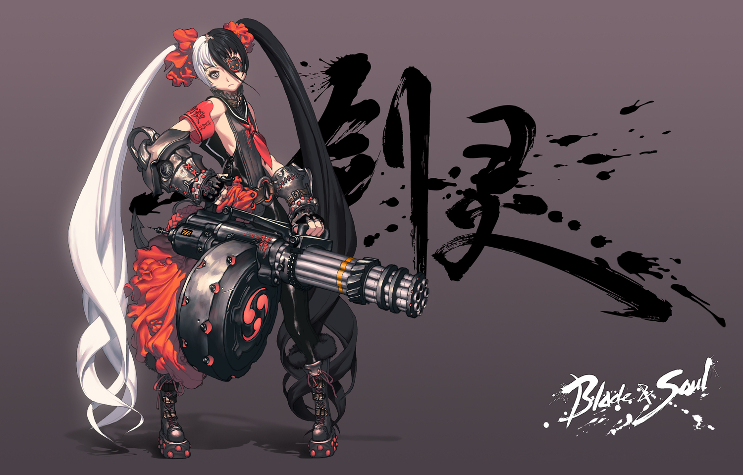 blade_&_soul, eyepatch, gray, gun, po_hwa_ran, twintails, weapon