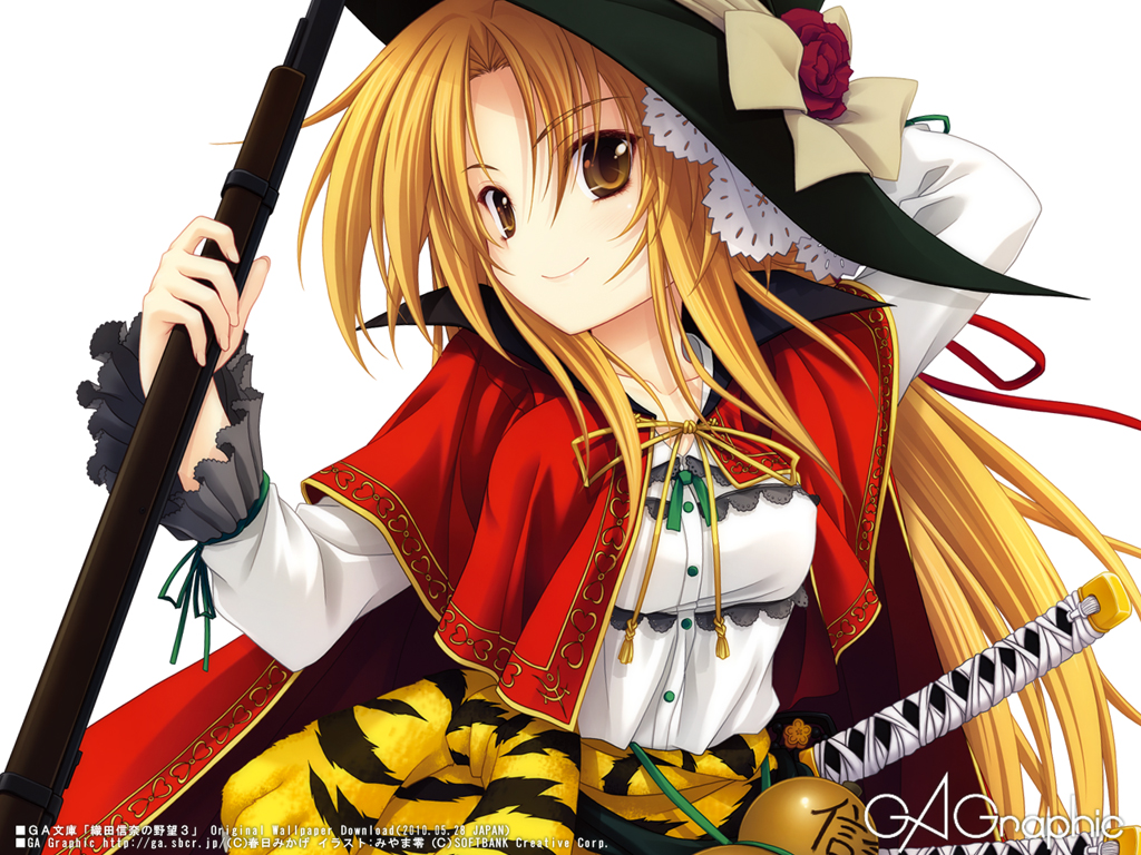 blonde_hair, gun, hat, long_hair, miyama-zero, oda_nobuna, oda_nobuna_no_yabou, sword