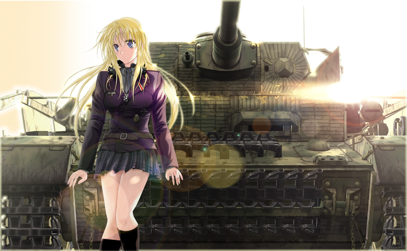 blonde_hair, blue_eyes, combat_vehicle, headphones, long_hair, microphone, original, skirt, sousei_ou, uniform