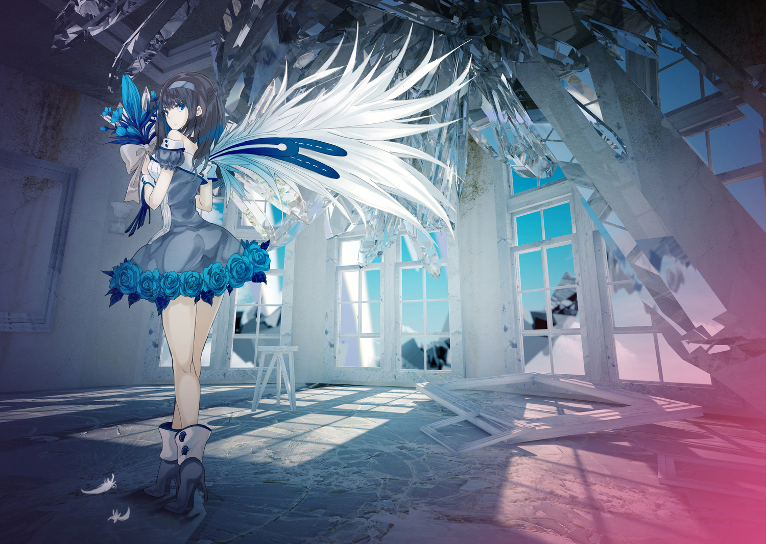 blue_eyes, dress, flowers, ochakai_shinya, original, wings
