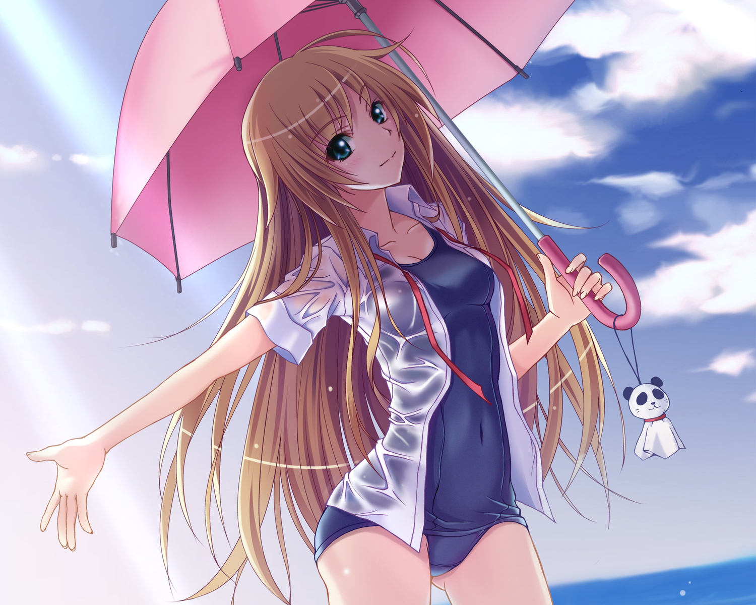 long_hair, natsuin, school_swimsuit, swimsuit, tagme, umbrella