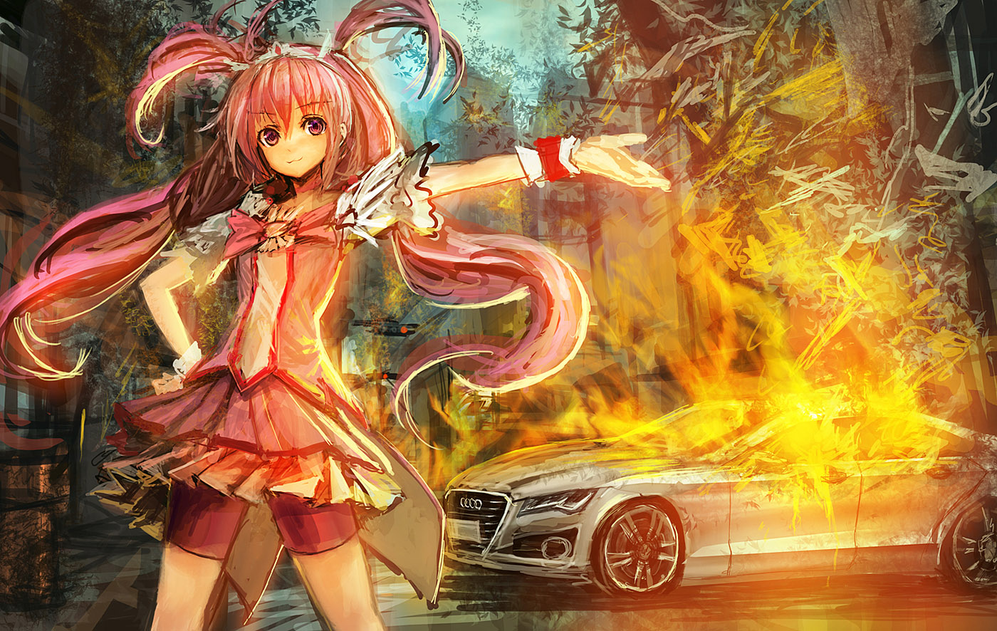 bow, car, cat_smile, cure_happy, fire, hoshizora_miyuki, lm7_(op-center), long_hair, pink_eyes, pink_hair, precure, skirt, smile_precure!, twintails, wristwear