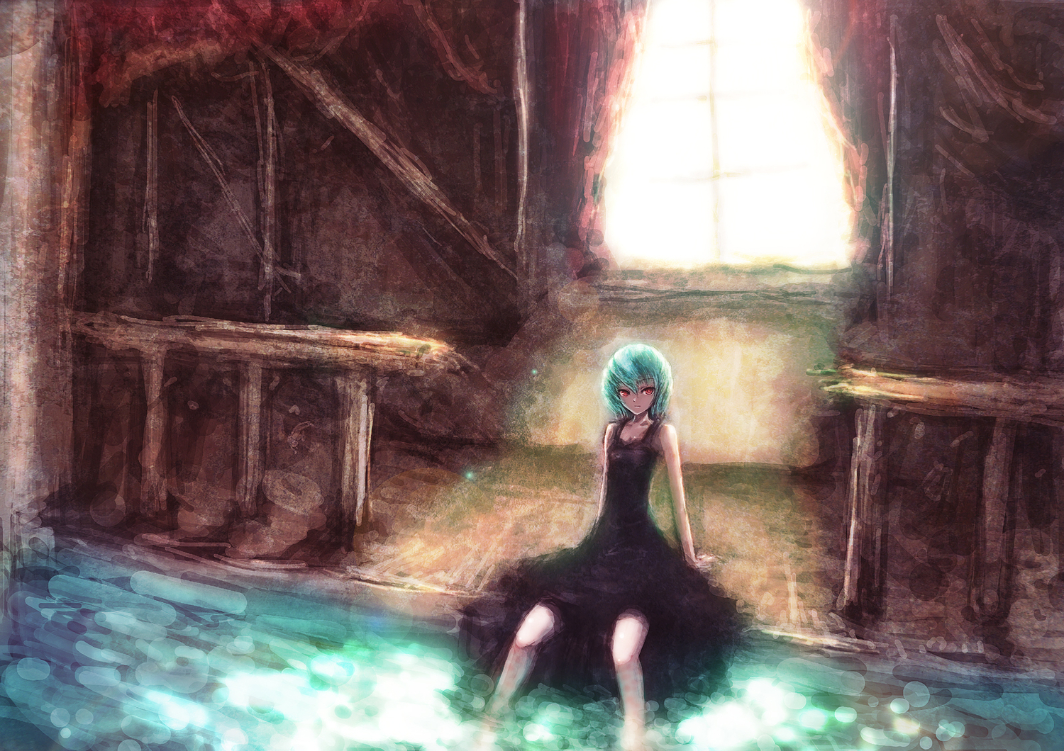 aqua_hair, blackball, dress, original, red_eyes, short_hair