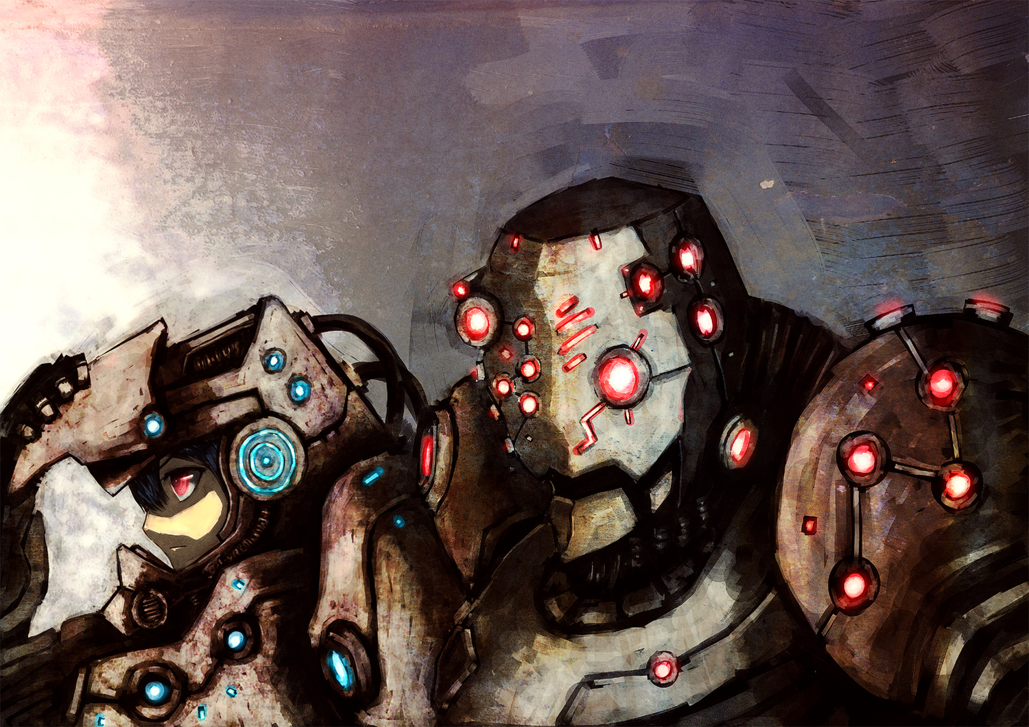 armor, blackball, blue_hair, red_eyes, robot