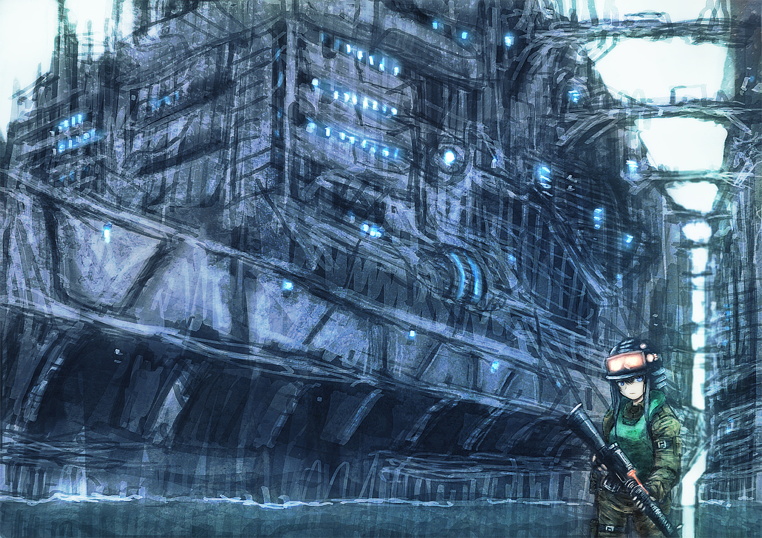 black_hair, blackball, blue_eyes, city, weapon