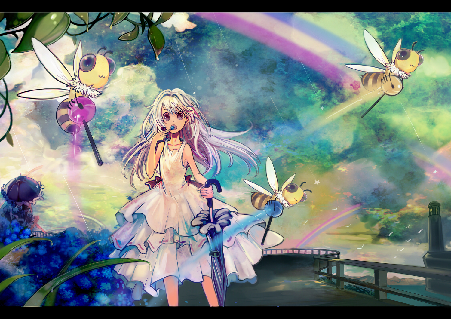 animal, bird, candy, clouds, dress, flowers, lollipop, long_hair