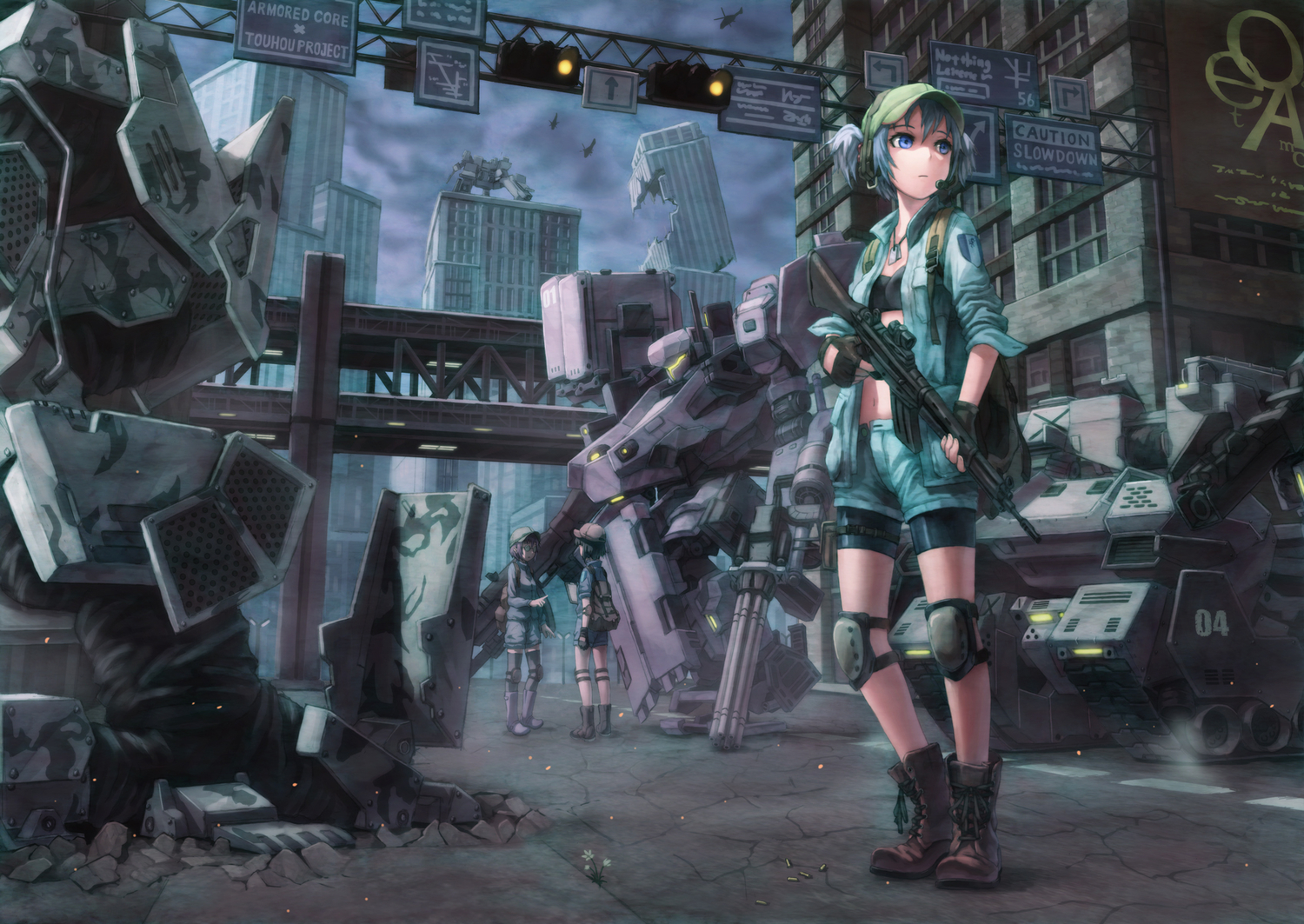 armored_core, blue_eyes, blue_hair, boots, crossover, gun, hat, kawashiro_nitori, kurione_(zassou), mecha, ruins, touhou, weapon