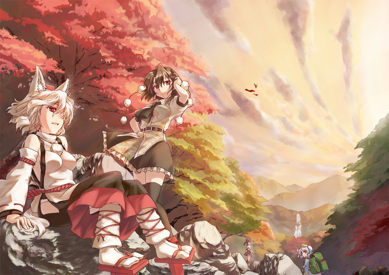 abo_(hechouchou), animal_ears, forest, himekaidou_hatate, inubashiri_momiji, japanese_clothes, kawashiro_nitori, red_eyes