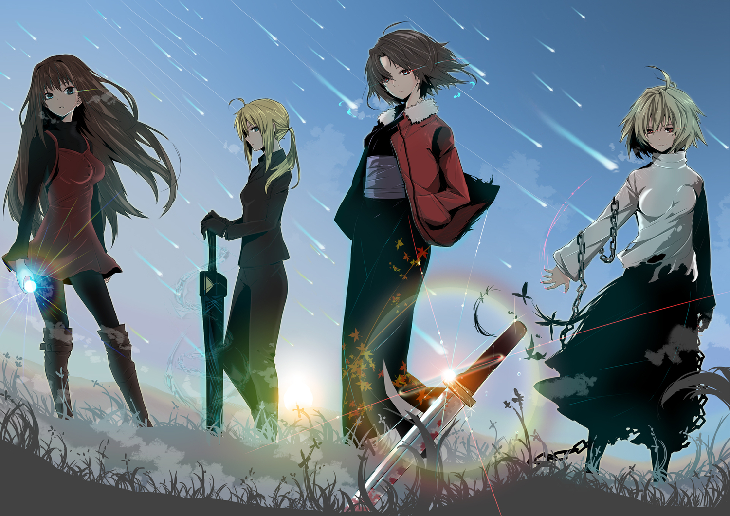 aozaki_aoko, arcueid_brunestud, artoria_pendragon_(all), black_hair, blonde_hair, blood, blue_eyes, boots, breasts, brown_hair, chain, fate_(series), fate/stay_night, fate/zero, gloves, green_eyes, japanese_clothes, kara_no_kyoukai, knife, leaves, long_hair, mahou_tsukai_no_yoru, pantyhose, ponytail, red_eyes, ryougi_shiki, saber, shingetsutan_tsukihime, short_hair, sky, sword, tie, tokiti, torn_clothes, type-moon, weapon
