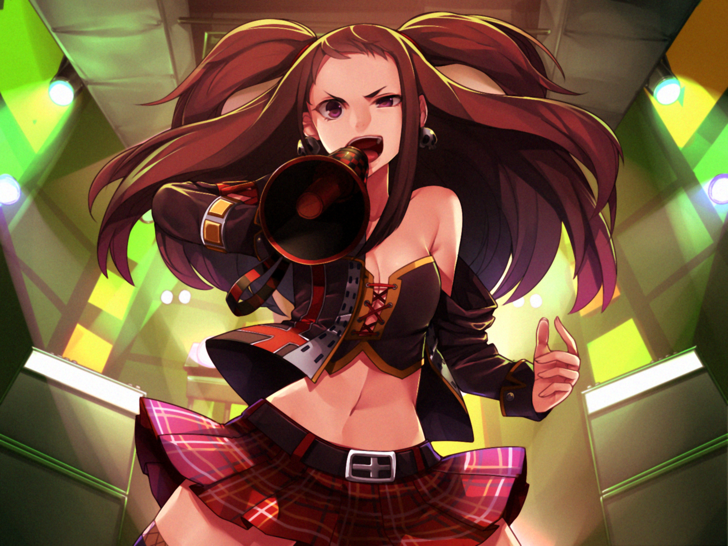 breasts, brown_hair, cleavage, hitoto, idolmaster, koseki_reina, long_hair, microphone, purple_eyes, skirt, twintails