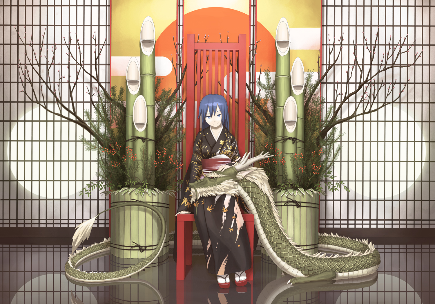 blue_eyes, blue_hair, dragon, japanese_clothes, long_hair, original, sakais3211, tree