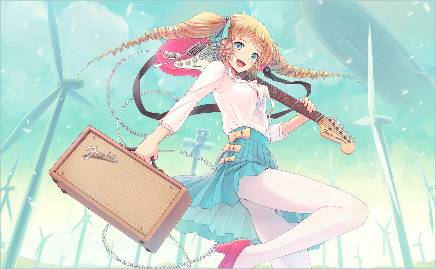 blonde_hair, blue_eyes, guitar, instrument, kurobuta_gekkan, original, pantyhose, skirt
