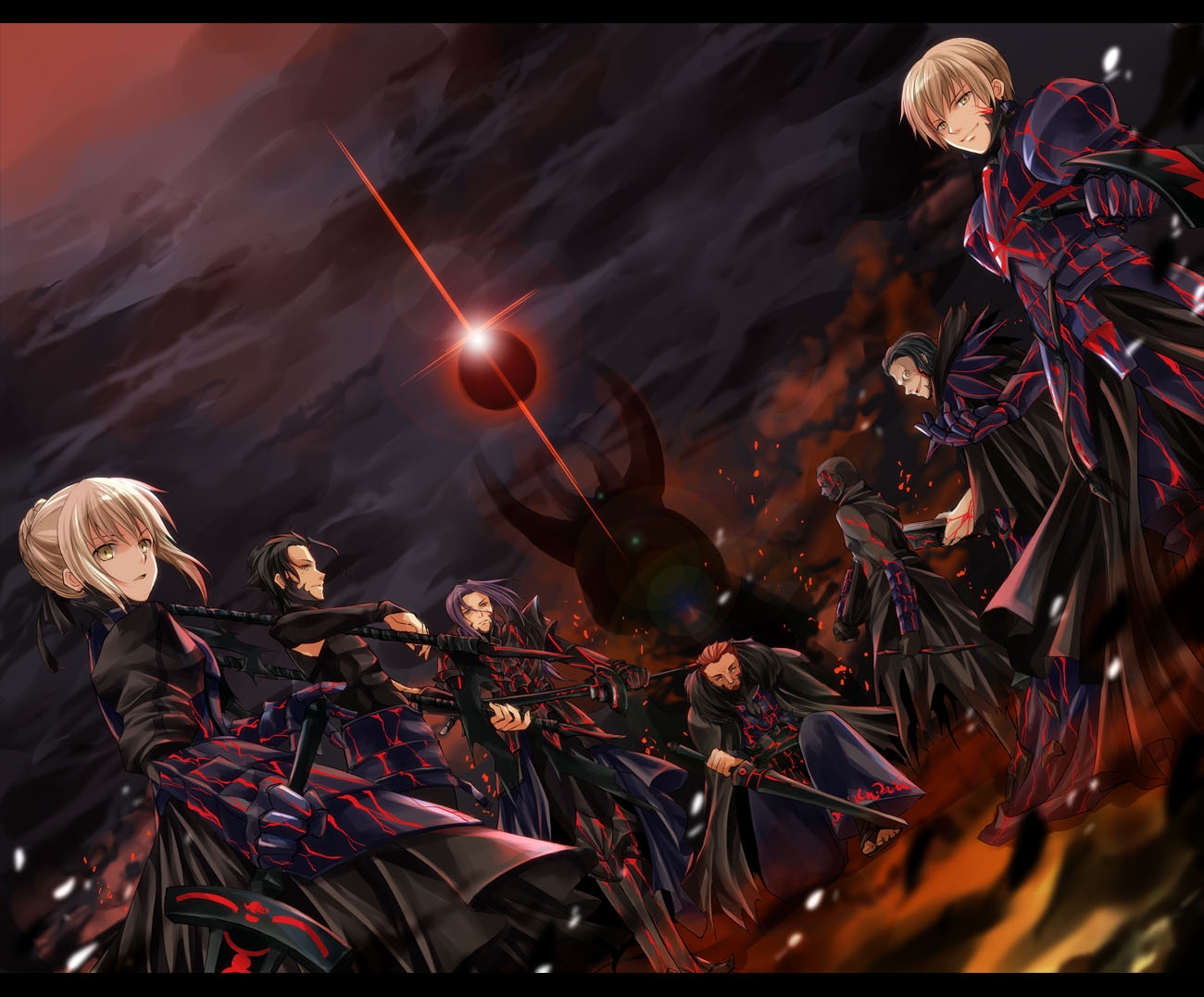 alexander_(fate), armor, artoria_pendragon_(all), blonde_hair, diarmuid_ua_duibhne_(fate), dress, fate_(series), fate/stay_night