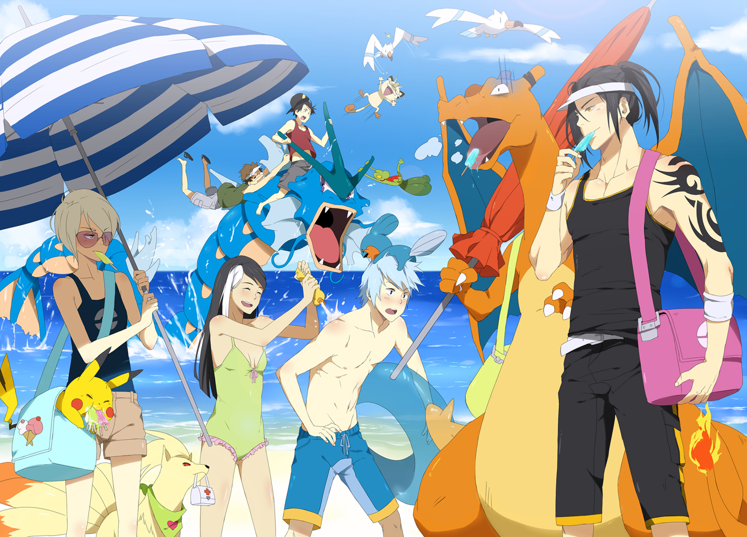 beach, charizard, group, gyarados, meowth, mudkip, ninetales, ntdevont, original, pikachu, pokemon, popsicle, summer, swim_ring, treecko, umbrella, water, wingull