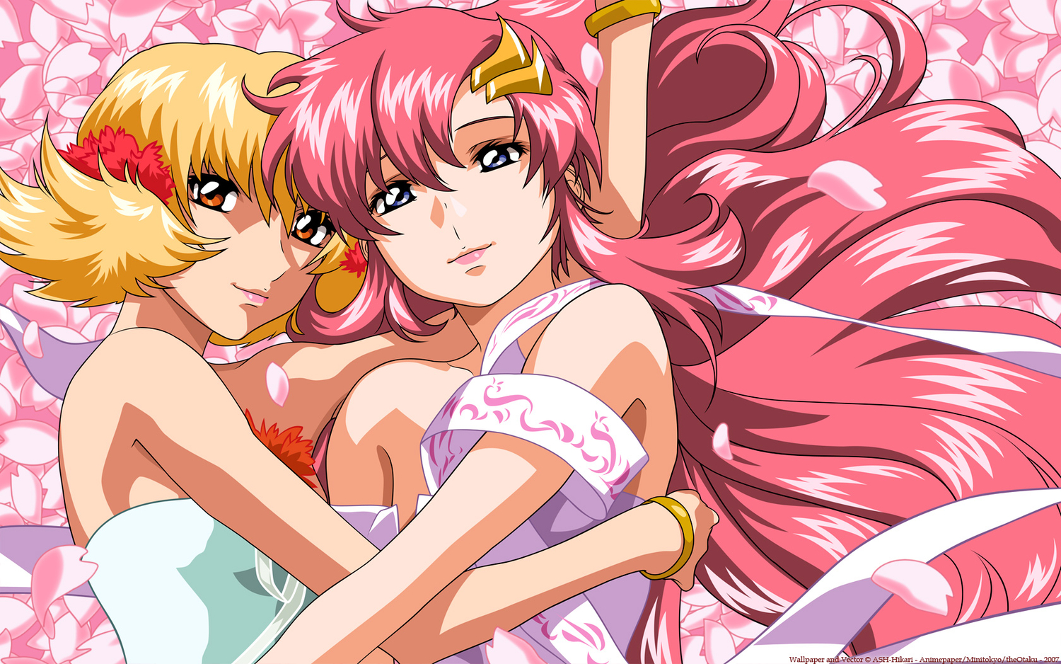 blonde_hair, blue_eyes, cagalli_yula_athha, flowers, gundam_seed, lacus_clyne, mobile_suit_gundam, orange_eyes