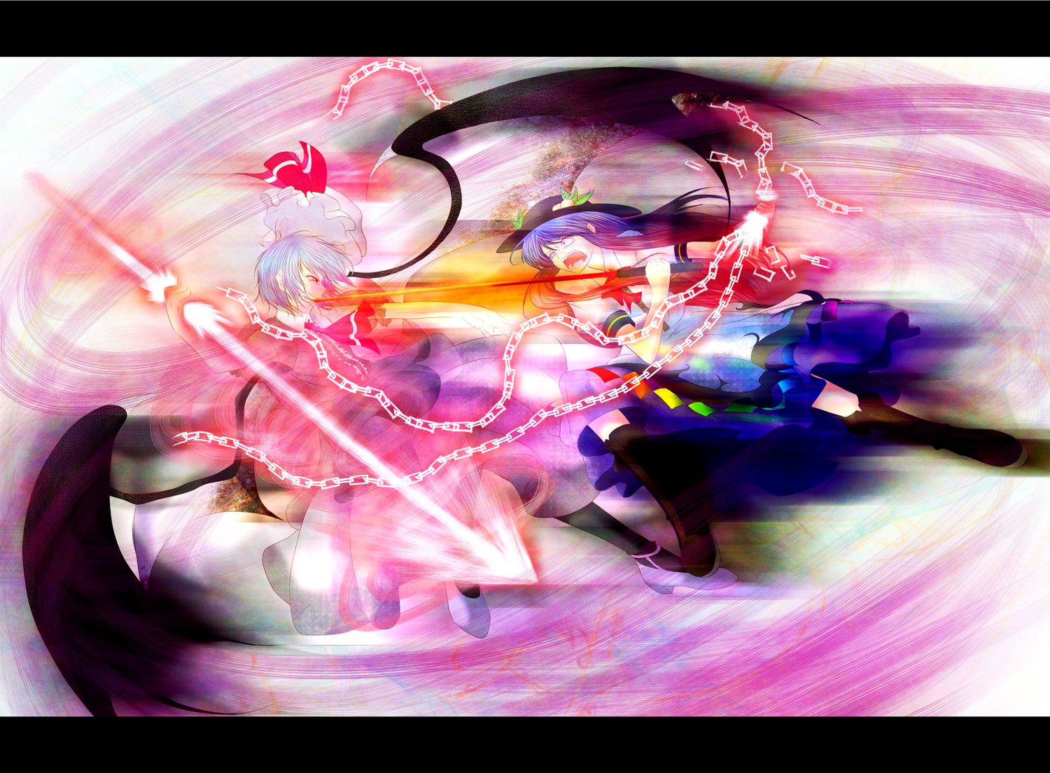 7f4df451, blue_hair, boots, chain, dress, hinanawi_tenshi, red_eyes, remilia_scarlet