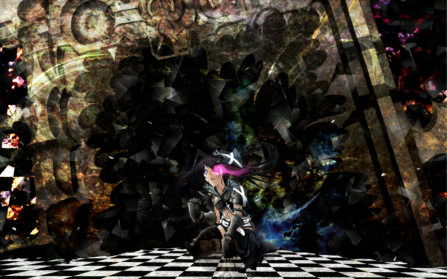7f4df451, armor, black_hair, black_rock_shooter, insane_black_rock_shooter, purple_eyes