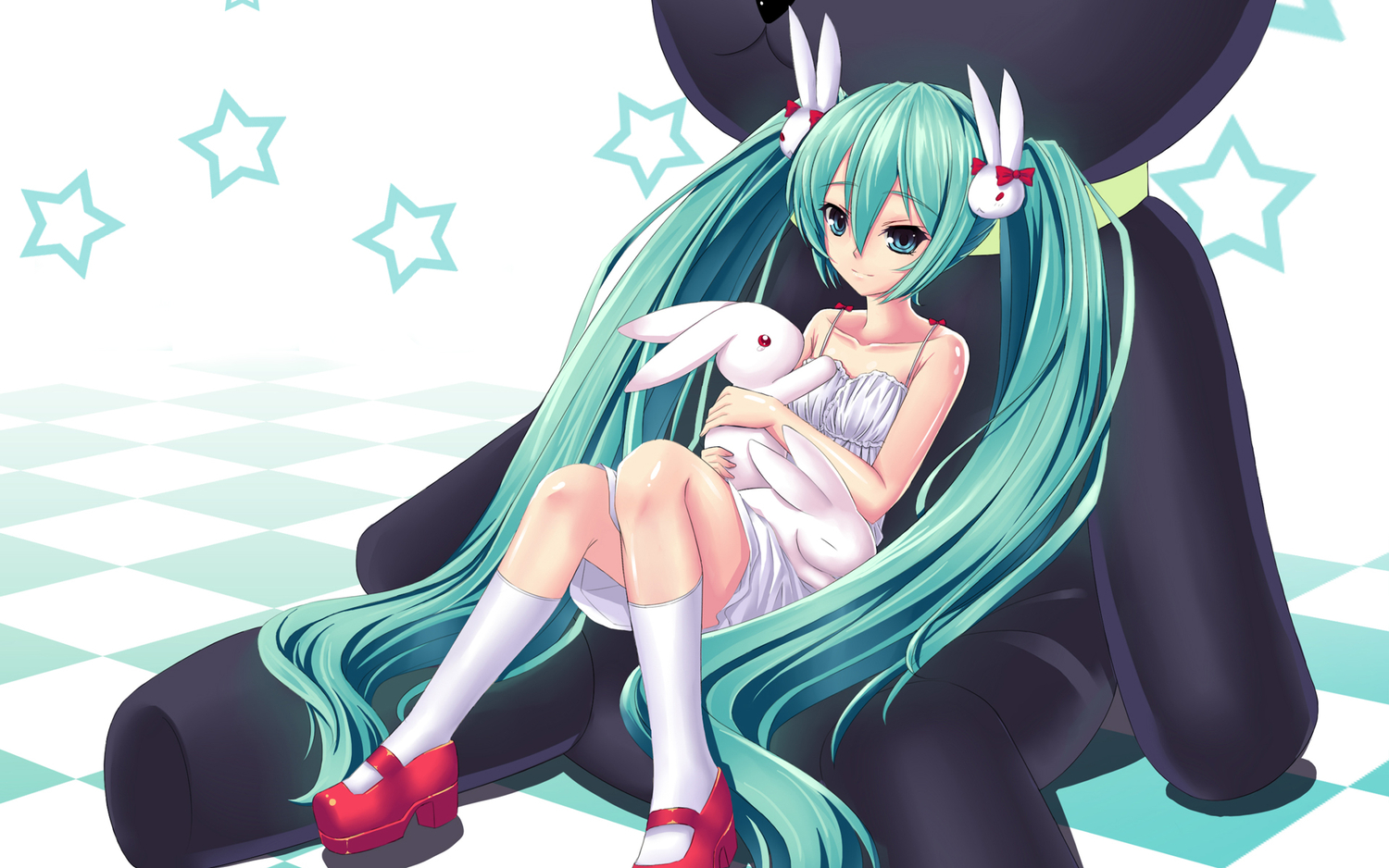 animal, aqua_hair, blue_eyes, bunny, dress, hatsune_miku, kneehighs, long_hair, mizutsuki_rei, rabbit, twintails, vocaloid