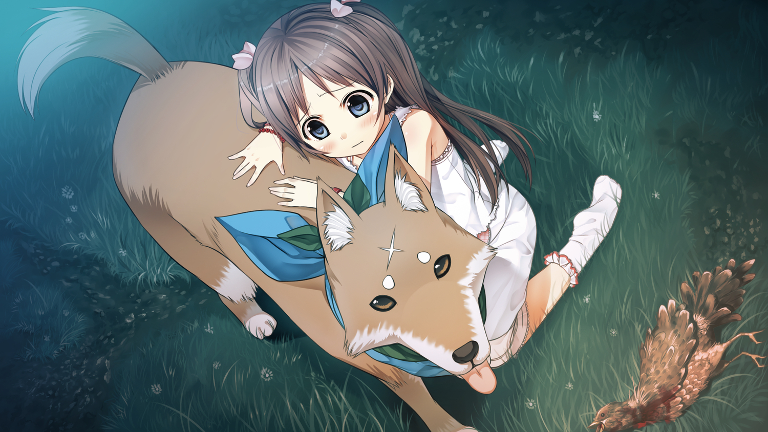 animal, bird, blood, blue_eyes, blush, bow, brown_hair, cura