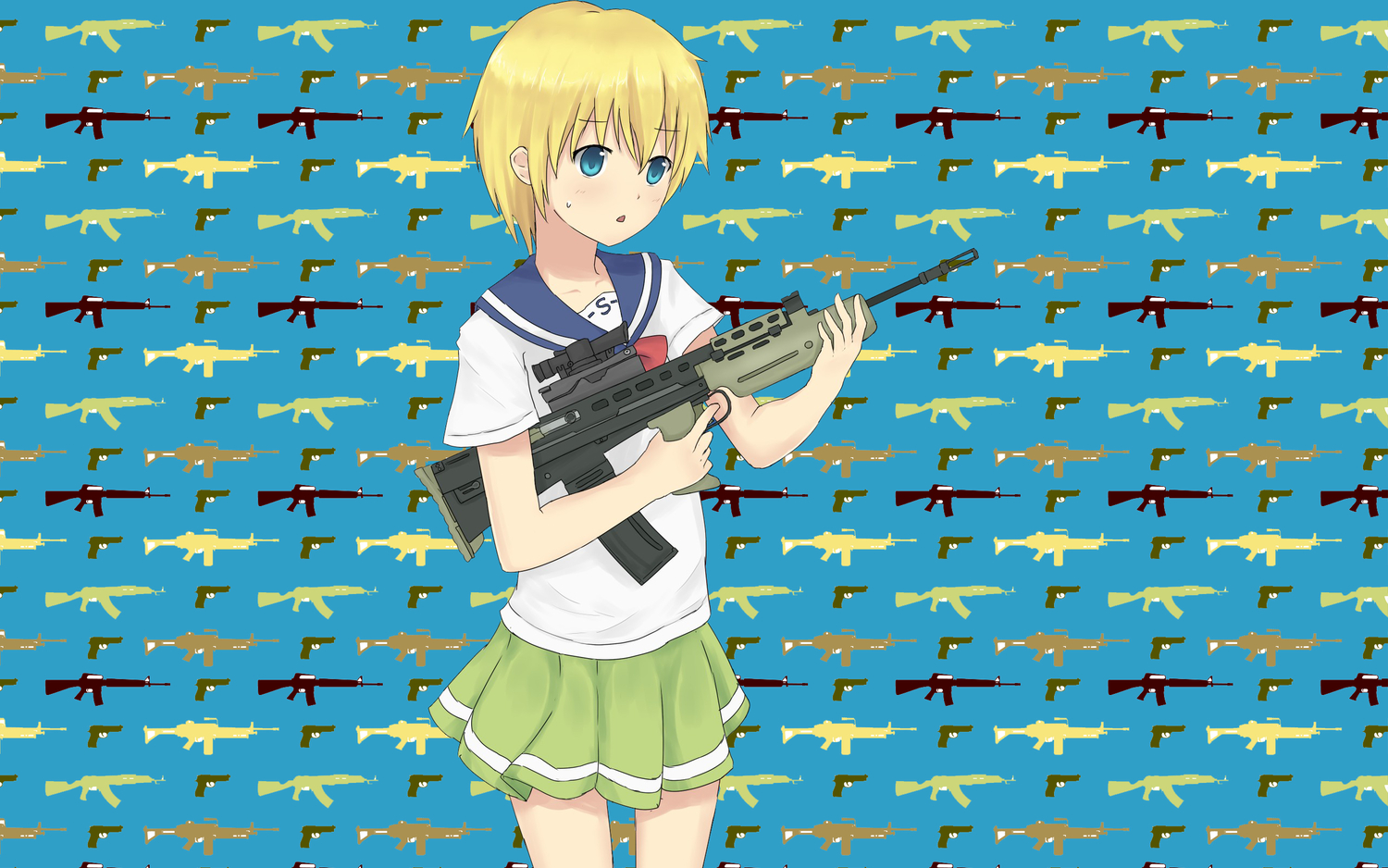 blonde_hair, blue_eyes, gun, l85a1_(upotte!!), school_uniform, short_hair, upotte!!, weapon