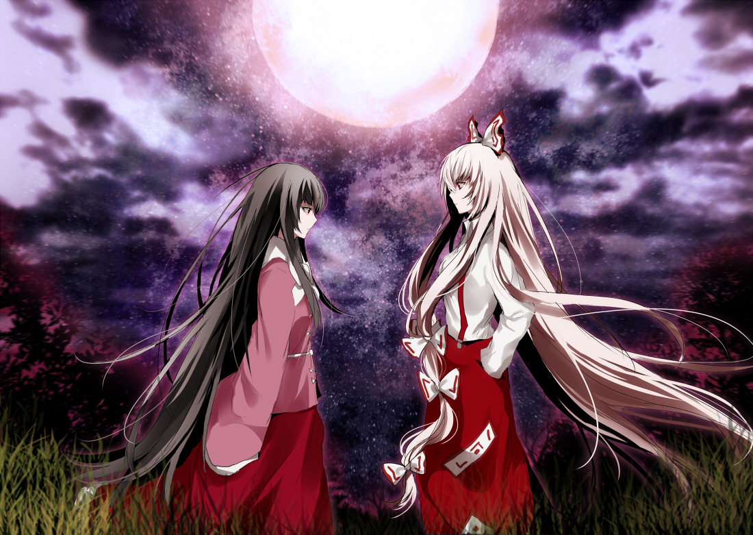 arisaka_ako, black_hair, bow, fujiwara_no_mokou, houraisan_kaguya, long_hair, moon, night, red_eyes, ribbons, skirt, sky, stars, touhou, white_hair