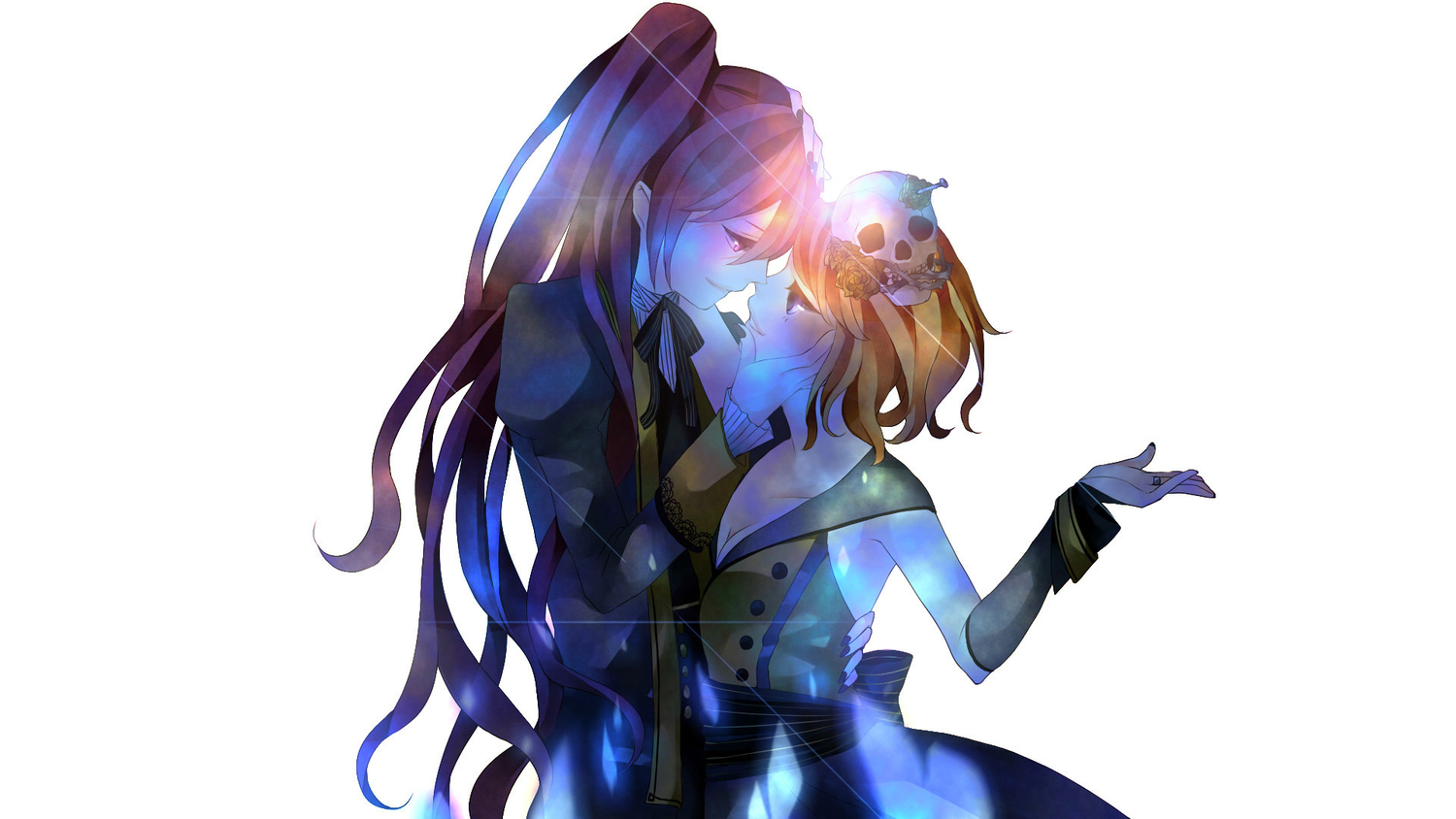 breasts, cleavage, em_(kmkmp), flowers, kagamine_rin, kamui_gakupo, long_hair, male, rose, short_hair, skull, vocaloid, white