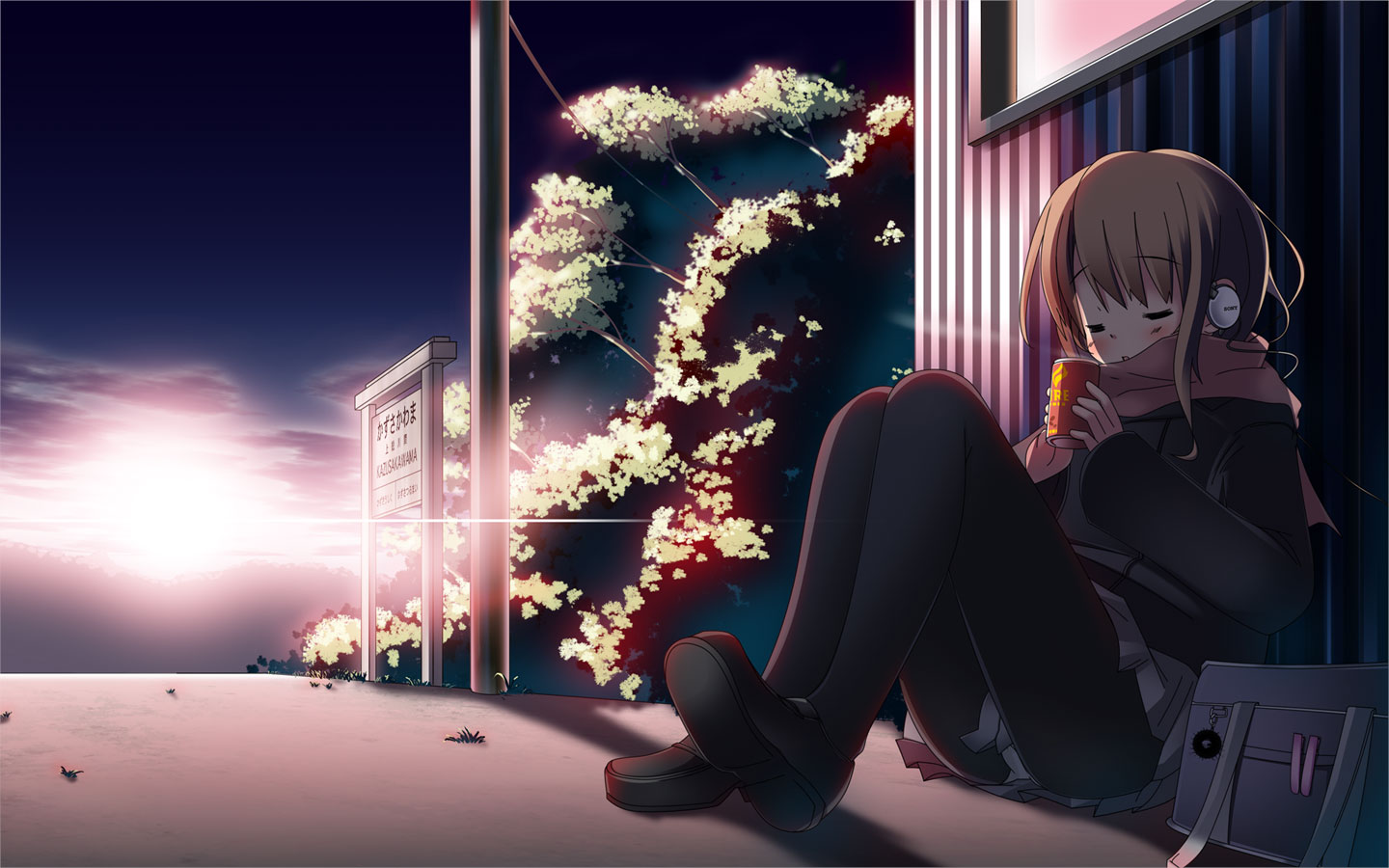 headphones, original, pantyhose, scarf, school_uniform, short_hair, skirt, yanagi_yuu
