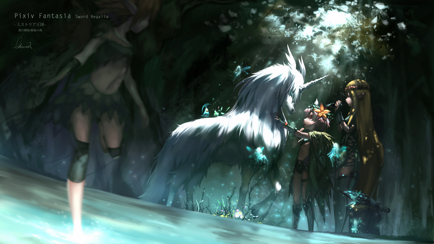 animal, blonde_hair, brown_hair, cape, elbow_gloves, fairy, flowers, gloves, headdress, horse, long_hair, navel, observerz, original, pink_hair, pixiv_fantasia, pointed_ears, red_eyes, short_hair, thighhighs, unicorn