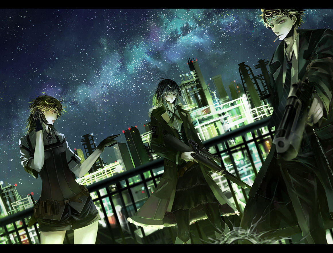 blonde_hair, blue_hair, building, cigarette, city, gloves, gun, male, nako_(nonrain), night, original, pantyhose, rooftop, short_hair, shorts, sky, stars, tie, weapon