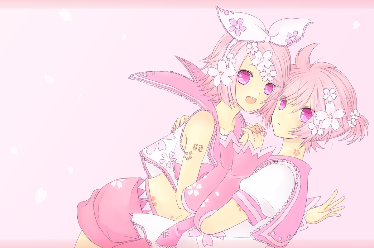agi_(holic2007), cherry_blossoms, flowers, kagamine_len, kagamine_rin, male, petals, pink