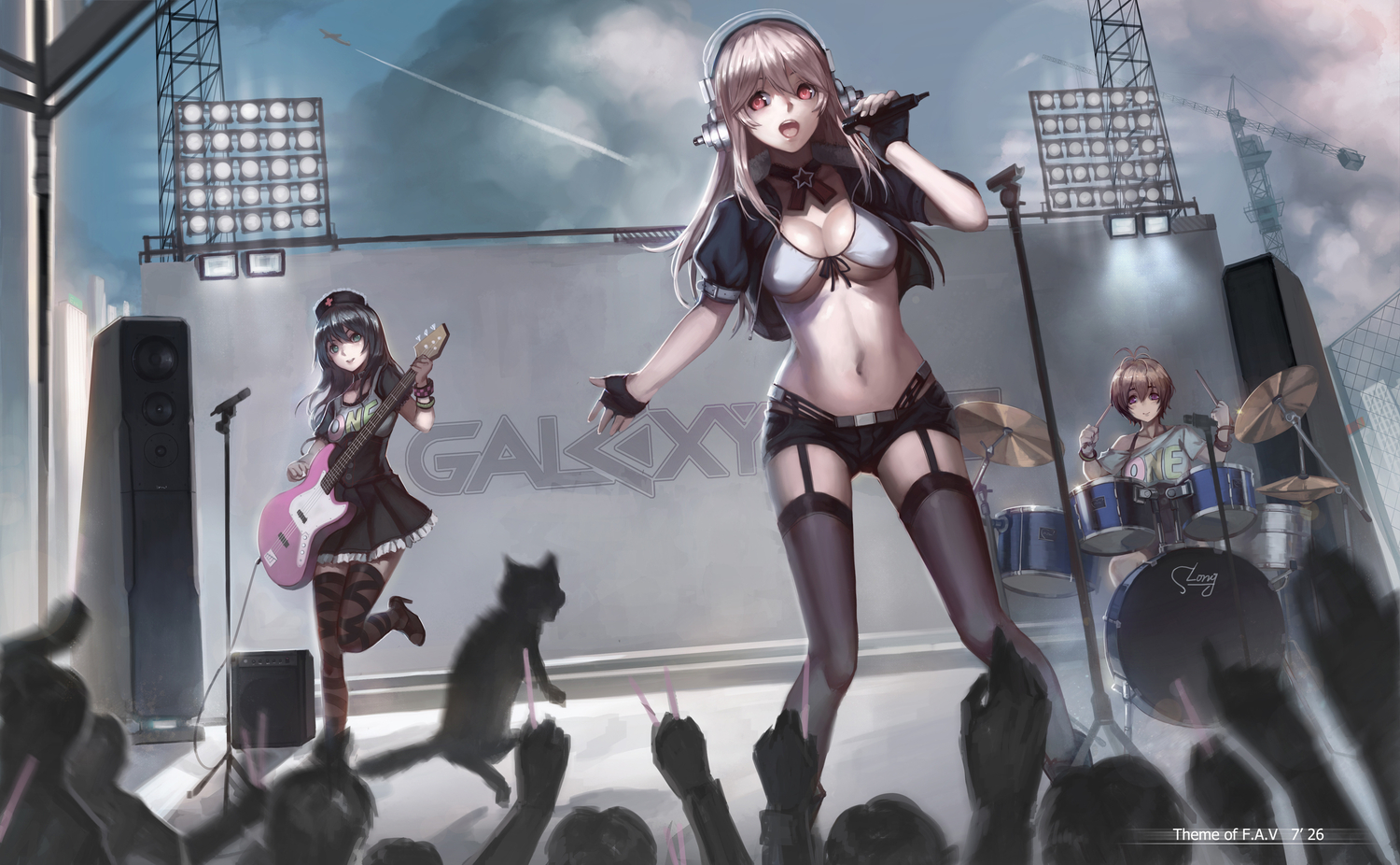 animal, axanael, bikini_top, black_hair, breasts, brown_hair, cat, cleavage, clouds, drums, fujimi_suzu, glasses, gloves, green_eyes, guitar, hat, headphones, instrument, long_hair, microphone, navel, pink_eyes, purple_eyes, short_hair, shorts, skirt, sonico, stockings, super_sonico, thighhighs, watanuki_fuuri, yykuaixian