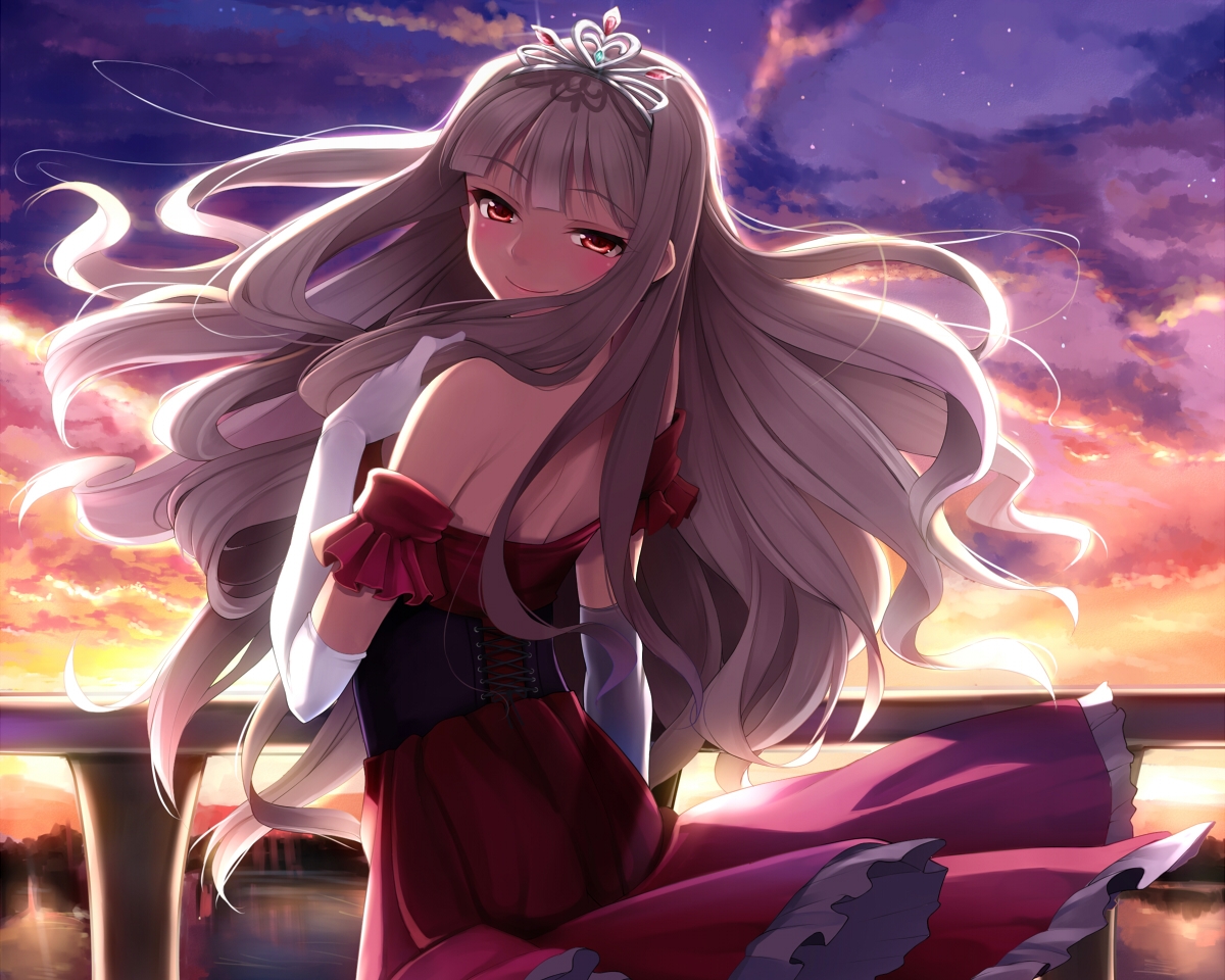 blush, clouds, dress, elbow_gloves, gloves, idolmaster, long_hair, shijou_takane, sky, stars, sunset, water, yuki_usagi_(mofurafu)